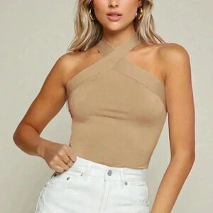 Apricot Casual Women's Solid Color Halter Neck Tank Top